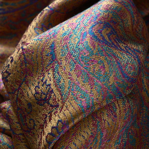 SILK MARK - 100% Superfine Silk Gold, Purple and Multi Colour Jacquard Jamawar Shawl with Fringes (Size 180x70 Cm) (Weight 125-140 Grams)