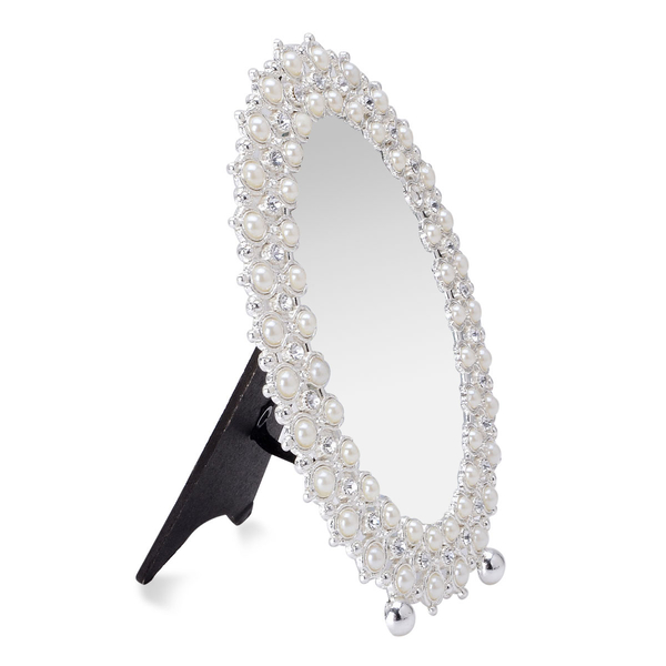 Oval Shape Photo Frame in Silver Tone Decorated with White Austrian Crystal and Resin Pearl