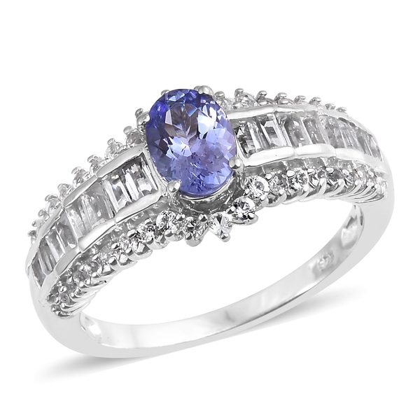 2.25 Ct Tanzanite and White Topaz Solitaire Design Ring in Platinum Plated Silver