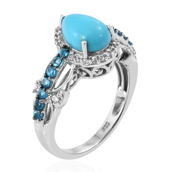 Arizona Sleeping Beauty Turquoise (Pear), Malgache Neon Apatite and Natural Cambodian Zircon Ring in Platinum Overlay Sterling Silver 2.250 Ct.