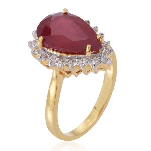 African Ruby (Pear 6.25 Ct), Natural Cambodian White Zircon Ring in 14K Gold Overlay Sterling Silver 7.000 Ct.
