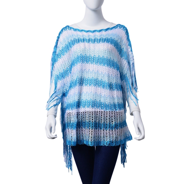 Lace Pattern Blue and White Colour Poncho with Tassels (Size 90x55 Cm)