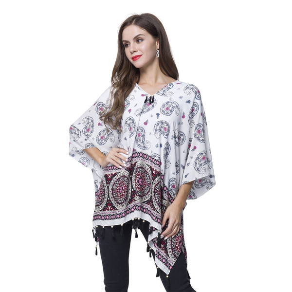 White, Cherry and Multi Colour Bandana Pattern Poncho with Wooden Beads Adorned Tassels (Size 130X95