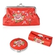 3 Piece Set - Floral Embroidery Pattern Cosmetic Organiser (Includes Compact Mirror, Lipstick Case a