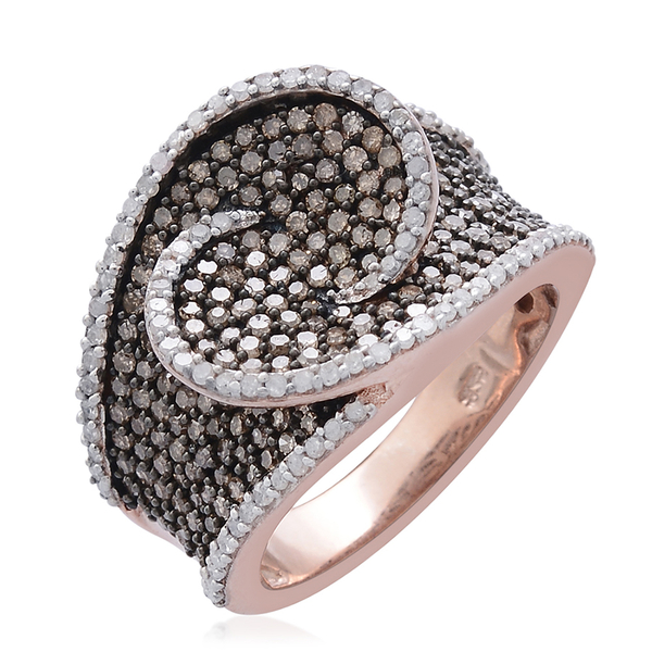 Designer Inspired Limited Edition Natural Champagne Diamond (Rnd), White Diamond Ring in Black Rhodium and Rose Gold Overlay Sterling Silver 1.500 Ct.
