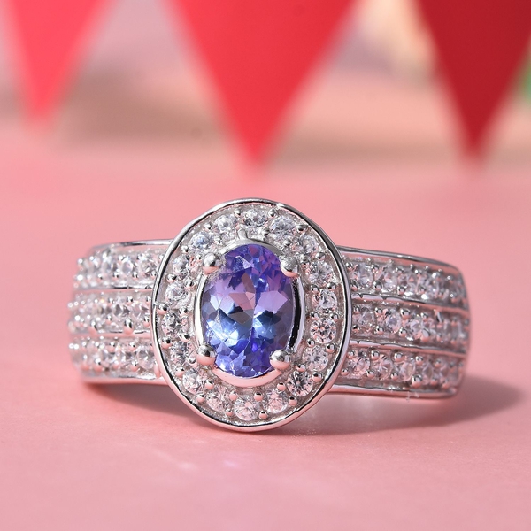 AA Tanzanite (Ovl), Natural Cambodian Zircon Ring in Platinum Overlay Sterling Silver 1.06 Ct.