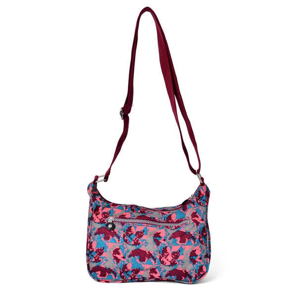 Designer Inspired Burgundy, Pink and Multi Colour Printed Handbag with External Zipper Pocket and Adjustable Shoulder Strap (Size 25x18x8 Cm)