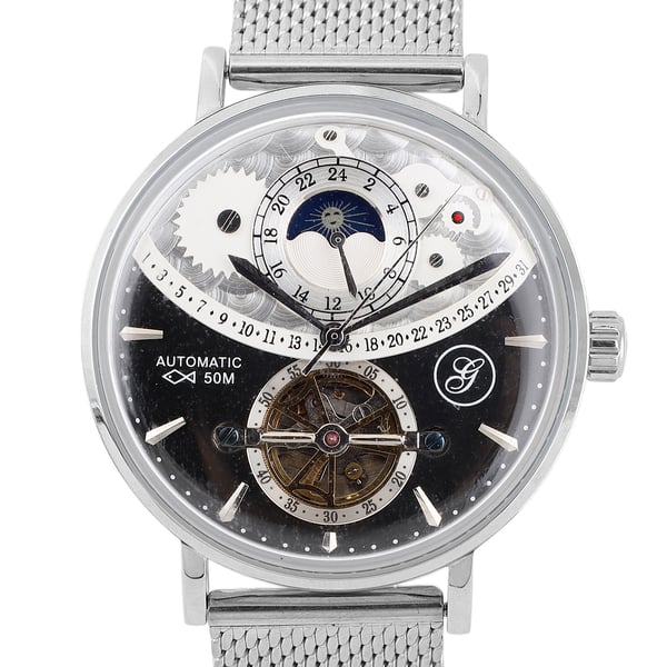 GENOA Automatic Movement Black Dial 5 ATM Water Resistant Watch with Mesh Strap in Silver Tone