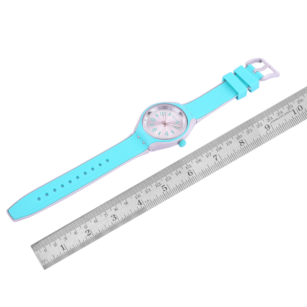 STRADA Japanese Movement Silver Sunshine Dial Turquoise and Grey Colour Watch with Silicone Strap