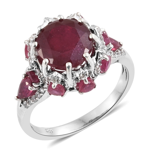 10 Carat African Ruby and Zircon Cluster Ring in Platinum Plated Sterling Silver 5.20 Grams