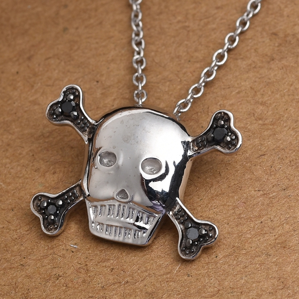 Black Diamond (Rnd) Skull Pendant with Chain (Size 18) in Platinum Overlay and Black Plating Sterling Silver 0.09 Ct.
