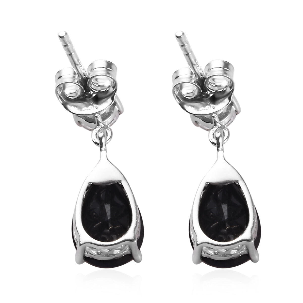 AA Black Tourmaline (Pear), White Topaz Drop Dangle Earrings (with Push Back) in Platinum Overlay Sterling Silver 4.250 Ct.