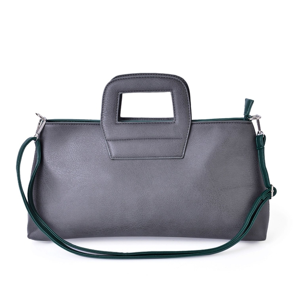 Grey and Green Colour Tote Bag with External Zipper Pocket and Adjustable and Removable Shoulder Str