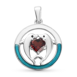 Mozambique Garnet Enamelled Dolphin Pendant in Platinum Overlay Sterling Silver