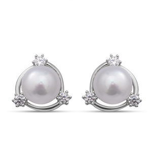 White Freshwater Pearl and Simulated Diamond Stud Earrings (with Push Back) in Rhodium Overlay Sterl