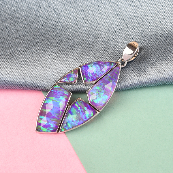 Sajen Silver CELESTIAL COLLECTION - Quartz Doublet Simulated Opal Lavender  Pendant in Rhodium Overl