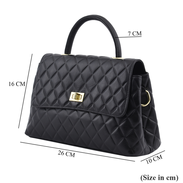 LA MAREY 100% Genuine Leather Diamond Pattern Convertible Bag with Detachable Strap (Size 26x16x10 Cm) - Black