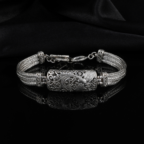 Royal Bali Collection - Sterling Silver Dragonfly and Filigree Tulang Naga Bracelet (Size 8.0) with T Bar Lock, Silver wt 23.78 Gms.