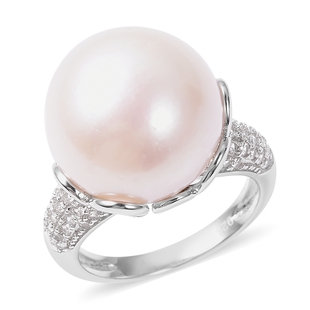 Edison Pearl and White Cambodian Zircon Ring in Rhodium Plated Sterling Silver