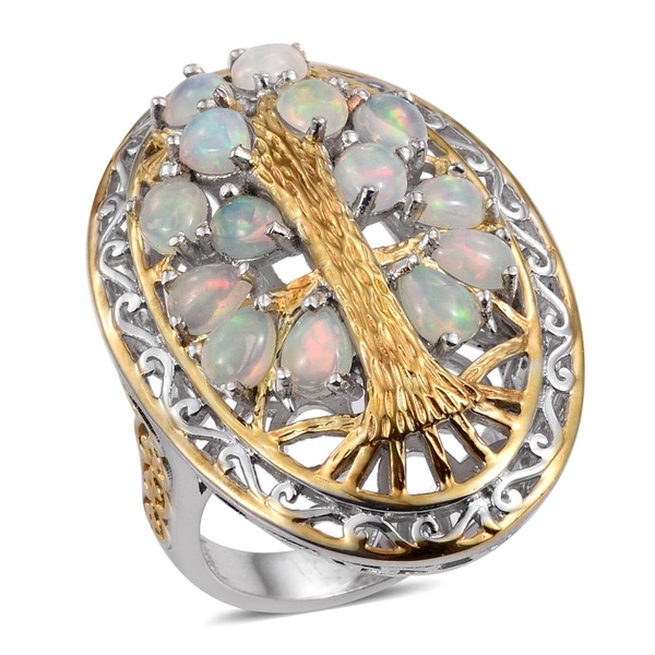 Ethiopian Opal (Pear) Tree Ring in Platinum and Yellow Gold Overlay Sterling Silver 2.750 Ct.Silver 