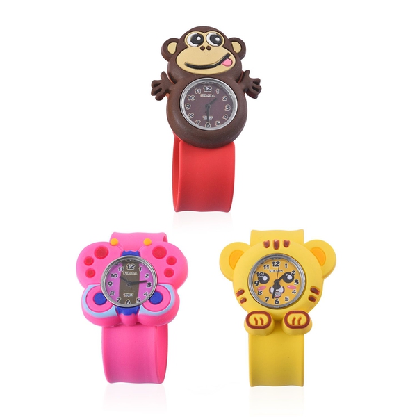 Set of 3 - STRADA Japanese Movement Water Resistant Monkey, Tiger and Butterfly Watch with Red, Yell