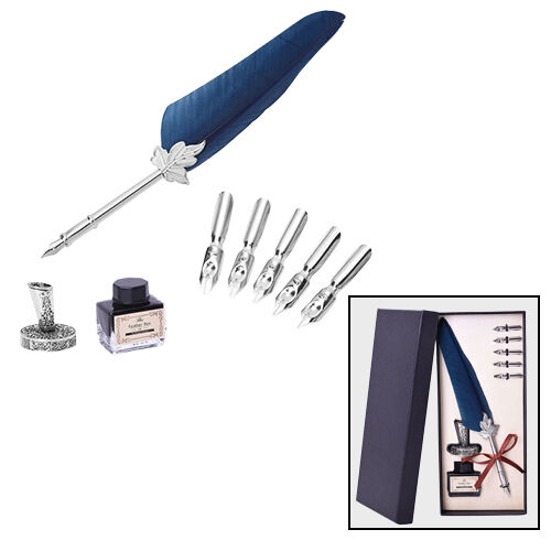 Set of Navy Feather Pen with Pen Stand, Black Ink (15ml) and 6-Different Nip Shapes in Silver Tone