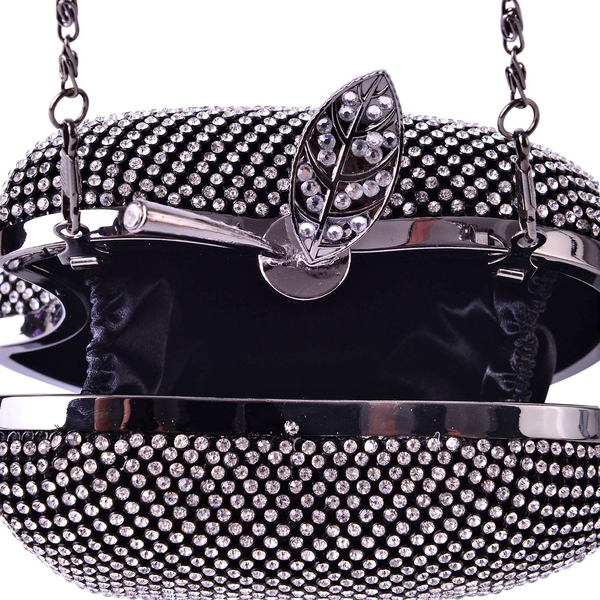White Austrian Crystal Studded Apple Design Clutch Bag in Black Tone with Removeable Chain Strap (Size 14x12 Cm)