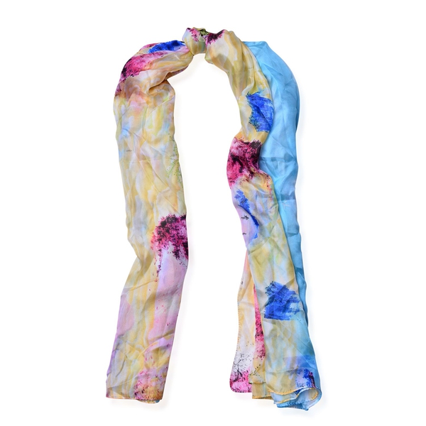 100% Mulberry Silk Multi Colour Tree and Hill Pattern Yellow and Pink Colour Scarf (Size 180x100 Cm)