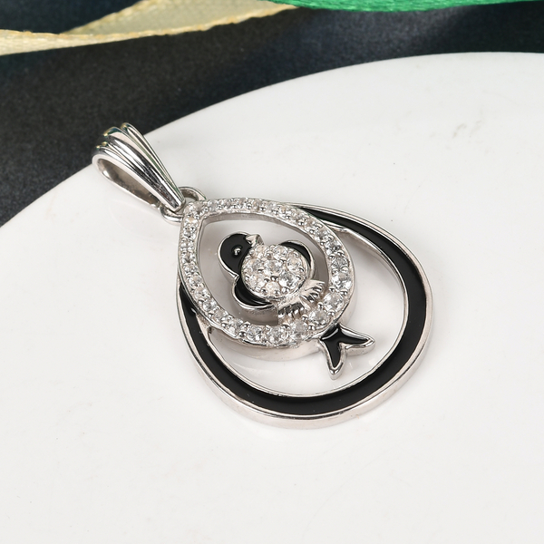 GP Itallian Garden Leaf and Flower - Natural Cambodian Zircon and Blue Sapphire Enamelled Bird Pendant in Platinum Overlay Sterling Silver