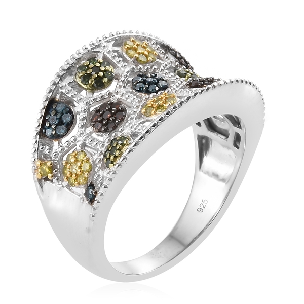 Yellow Diamond (Rnd), Red Diamond, Blue Diamond and Green Diamond Ring in Platinum Overlay Sterling Silver 0.753 Ct. Silver wt 7.94 Gms.