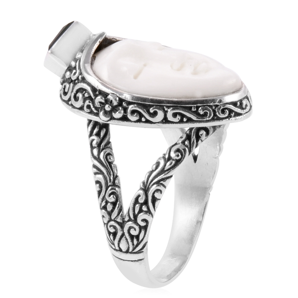 Princess Bali Collection OX Bone Carved Face and Chrome Diopside Ring in Sterling Silver 5.690 Ct. Silver wt 6.72 Gms.