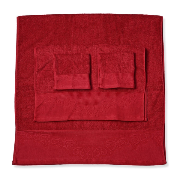 Set of 4 - 100% Cotton Red Colour 1 Bath Towel (Size 130x65 Cm), 2 Face Towel (Size 65x50 Cm) and 1 