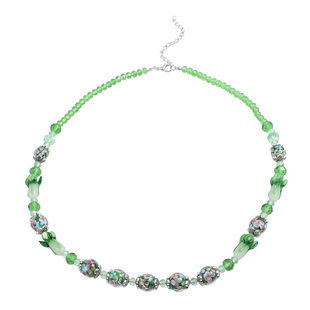 Green Murano Glass and Diopside Beaded Necklace in Silver Plated 26 Inch with 3 inch Extender