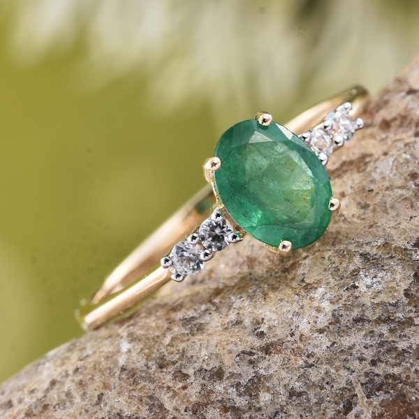 Exclusive Edition- 9K Yellow Gold AAA Kagem Zambian Emerald (Ovl 1.00 Ct), Natural Cambodian Zircon Ring 1.150 Ct.