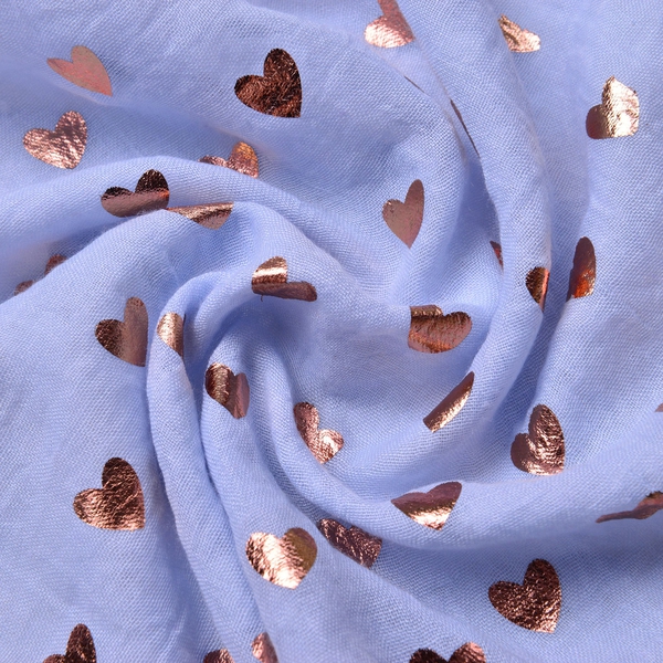 Golden Hearts Pattern Blue Colour Scarf with Fringes (Size 180X70 Cm)