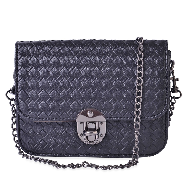 Black Colour Weave Net Pattern Crossbody Bag with Removable Chain Strap (Size 18x13x5.5 Cm)