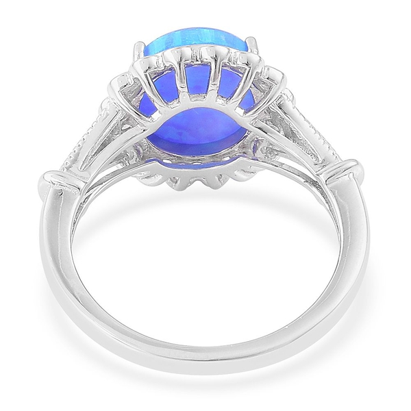 New Concept - AAAA Simulated Ocean Blue Opal and Simulated White Diamond Ring in Rhodium Plated Sterling Silver