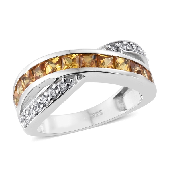2 Carat Yellow Sapphire and Zircon Criss Cross Ring in Platinum Plated Silver