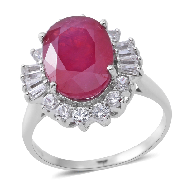 10.73 Ct African Ruby and Zircon Halo Ring in Rhodium Plated Sterling Silver