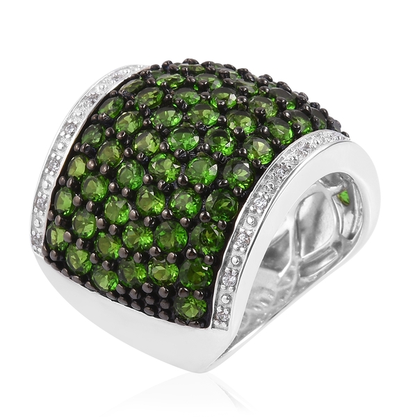 5.95 Ct Chrome Diopside and Natural White Cambodian Zircon Cluster Ring in Black and White Rhodium Plated Silver 11.45 gms