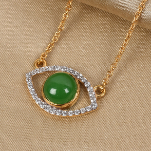 Sundays Child - Green Jade and Natural Cambodian Zircon Evil-Eye Pendant with Chain (Size 18) in 14K Gold Overlay Sterling Silver 3.00 Ct.