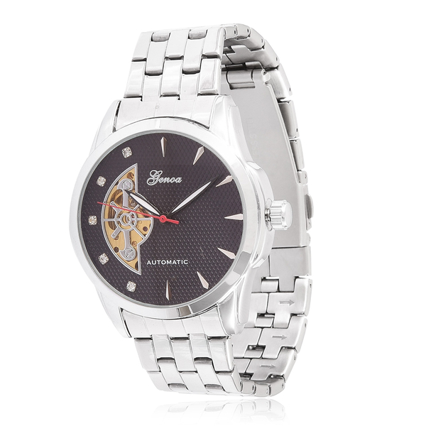 GENOA Automatic Skeleton White Austrian Crystal Studded Black Dial Watch in Silver Tone with Stainle