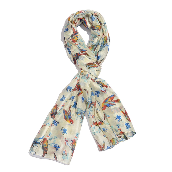 100% Mulberry Silk Blue, White and Multi Colour Handscreen Flying Birds Printed Scarf (Size 200X180 