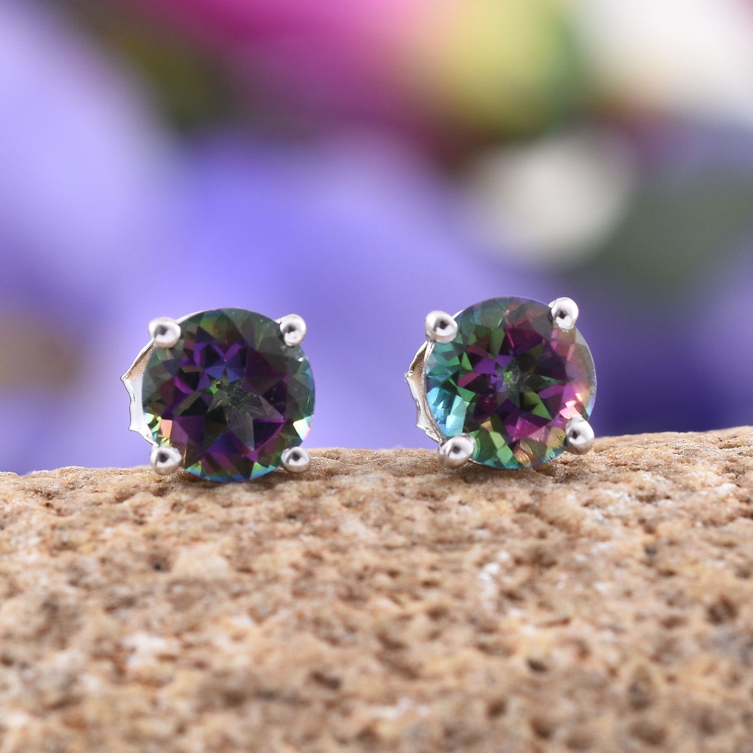 Northern Lights Mystic Topaz (Rnd) Stud Earrings (with Push Back) in Platinum Overlay Sterling Silver 2.000 Ct.