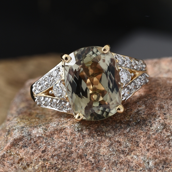 ILIANA 18K Yellow Gold AAA Natural Turkizite Extremely Rare Size  (Cush 12x9 mm 5.25 Ct), Diamond (SI/G-H) Ring 5.620 Ct. Gold wt 6.40 Gms.