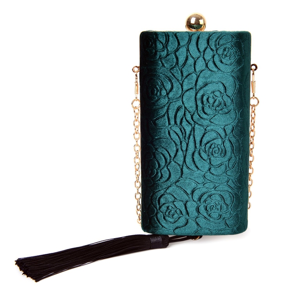 Peacock Green Colour Floral Pattern Velvet Clutch Bag with Chain Strap in Gold Tone (Size 16X8.5X5.5