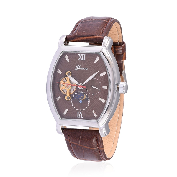GENOA Automatic Skeleton Chocolate Colour Dial Water Resistant Watch in ION Plated Silver with Stain