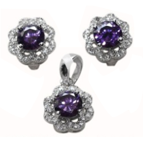 ELANZA AAA Simulated Amethyst (Rnd), Simulated Diamond Pendant and Earrings (with Clasp) in Rhodium 