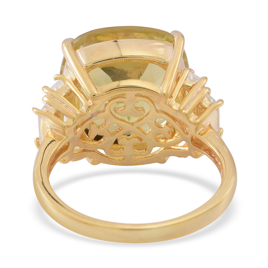 Lemon Quartz (Cush 12.00 Ct), White Topaz Ring in 14K Gold Overlay Sterling Silver 13.000 Ct.