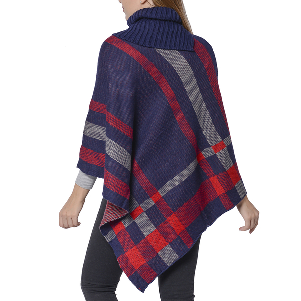 Designer Inspired- Winter Navy & Wine Red Colour Roll Neck Checker Pattern Poncho (Size 68x90 Cm)